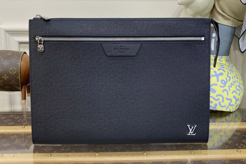 Louis Vuitton M30965 LV Pochette 24H Clutch Bag in Black Taiga cowhide leather