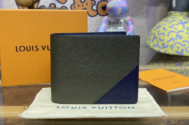 Louis Vuitton M30982 LV Multiple Wallet in Khaki/Blue Taiga cowhide leather