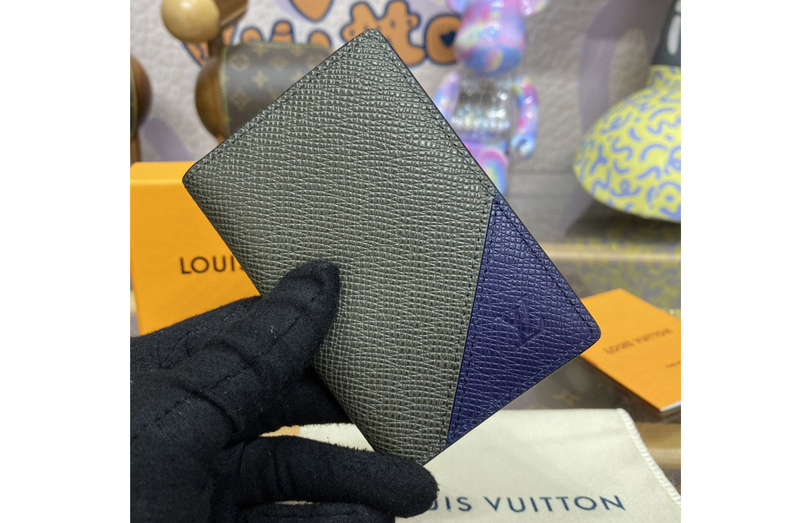 Louis Vuitton M30985 LV Pocket Organizer Wallet in Khaki/Blue Taiga cowhide leather