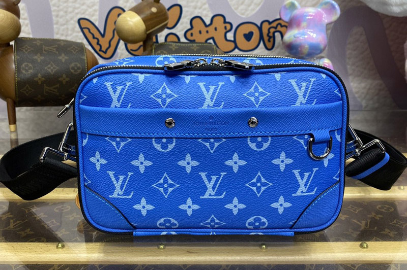 Louis Vuitton M31016 LV Alpha Messenger camera bag in Agave Blue Taiga cowhide leather and Monogram coated canvas