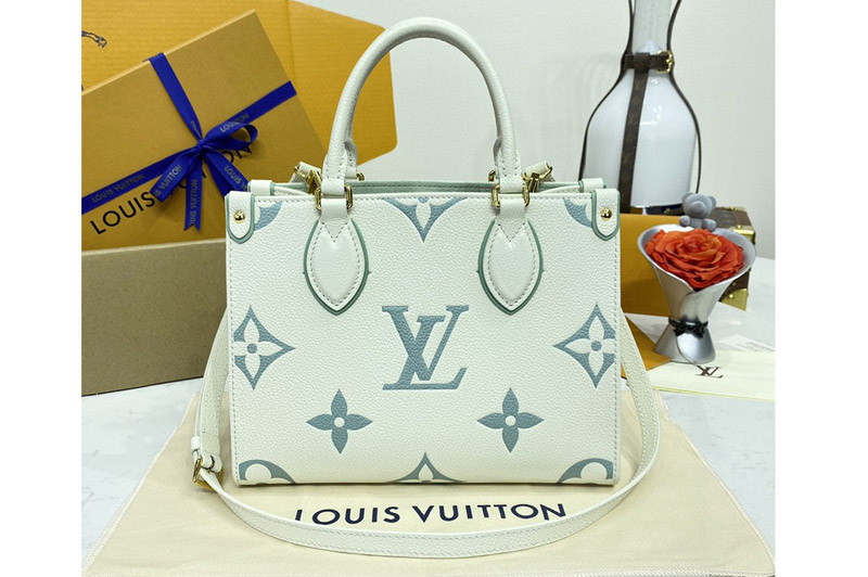 Louis Vuitton M46833 LV OnTheGo PM handbag in Latte/Candy Blue Embossed grained cowhide leather