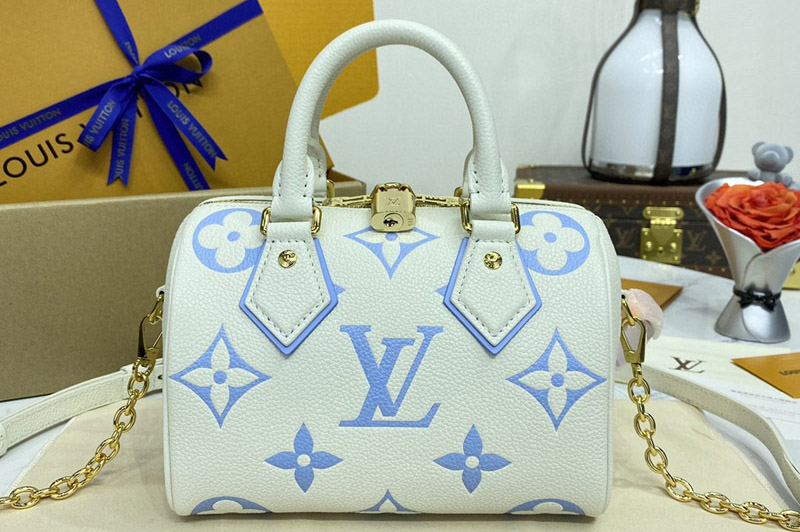 Louis Vuitton M46883 LV Speedy 20 Bandouliere handbag in Latte/Candy Blue Embossed grained cowhide-leather