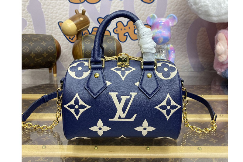 Louis Vuitton M47048 LV Speedy Bandouliere 20 Bag in Navy Blue/Cream Monogram Empreinte cowhide leather