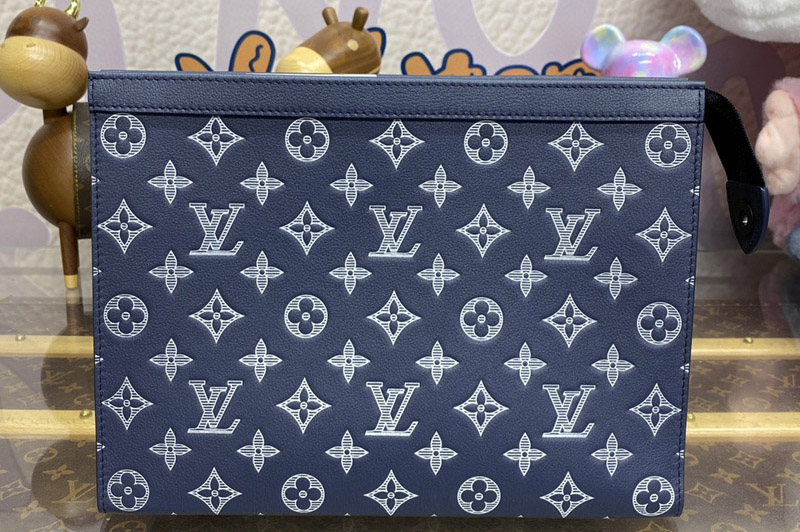 Louis Vuitton M61692 LV Pochette Voyage MM Bag in Ink Blue/White Monogram Shadow calfskin leather