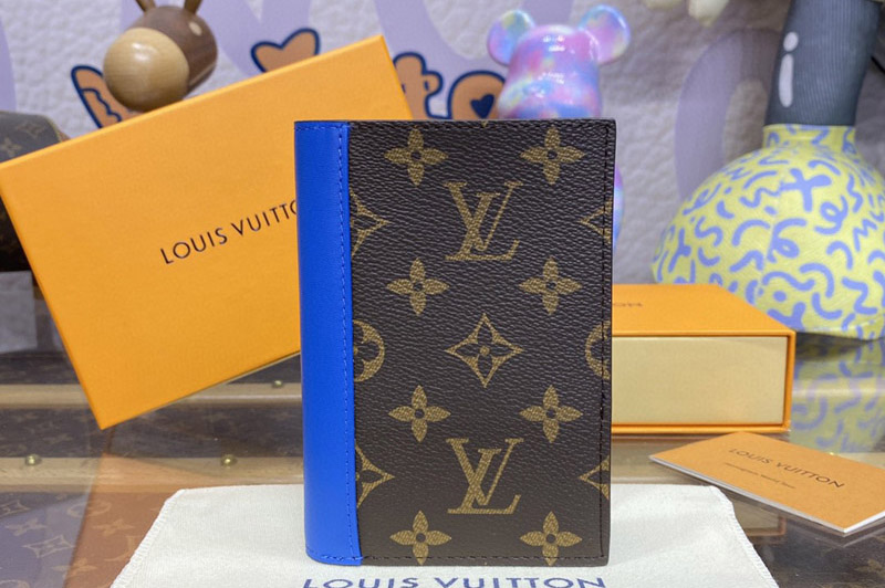 Louis Vuitton M82865 LV Passport Cover Wallet in Monogram Macassar coated canvas With Blue