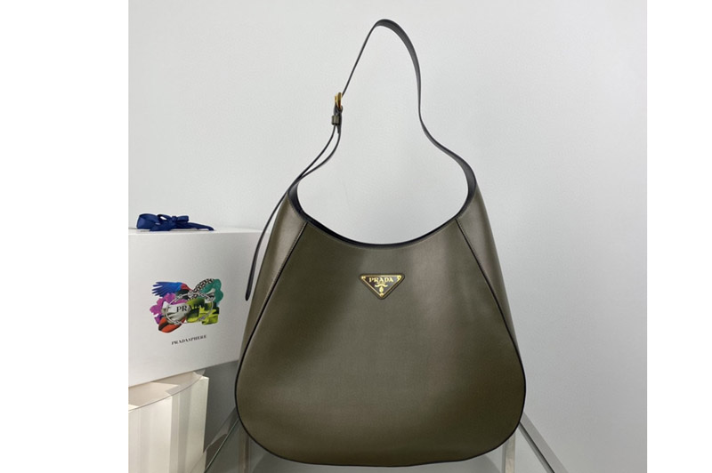 Prada 1BC181 Large leather shoulder bag with topstitching In Khaki Leather