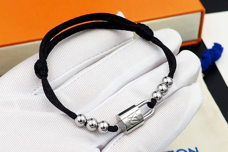 Louis Vuitton Q05729 LV Silver Lockit Beads Bracelet, Silver and Black Polyester Cord