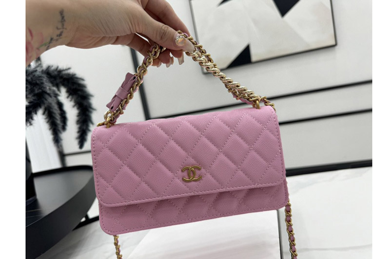 CC WOC Wallet on Chain Bag in Pink Lambskin Leather