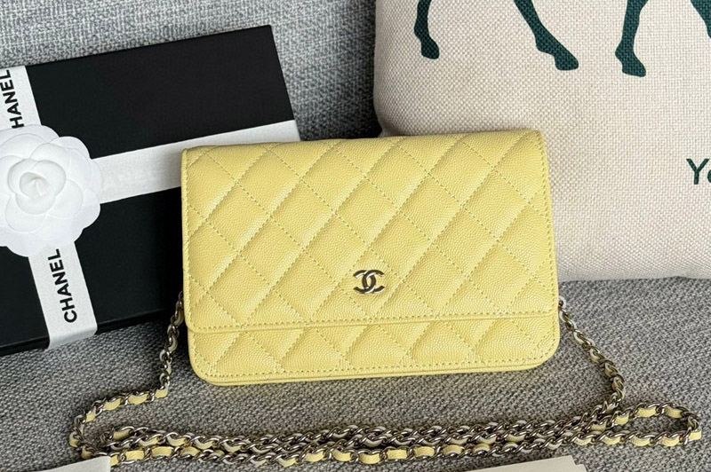 CC WOC Wallet on Chain Bag in Yellow Grained Calfskin With Silver