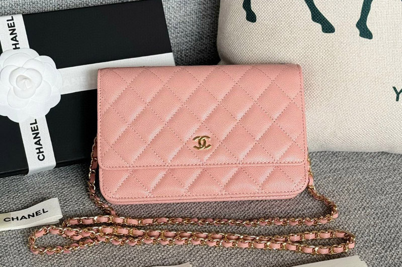 CC WOC Wallet on Chain Bag in Pink Grained Calfskin With Gold