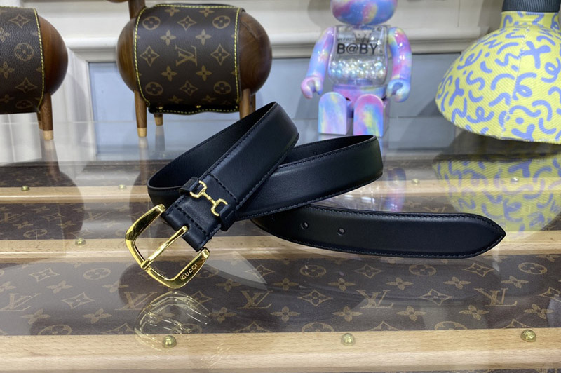 Gucci ‎700338 Belt With Horsebit Detail in Black leather With Gold Buckle