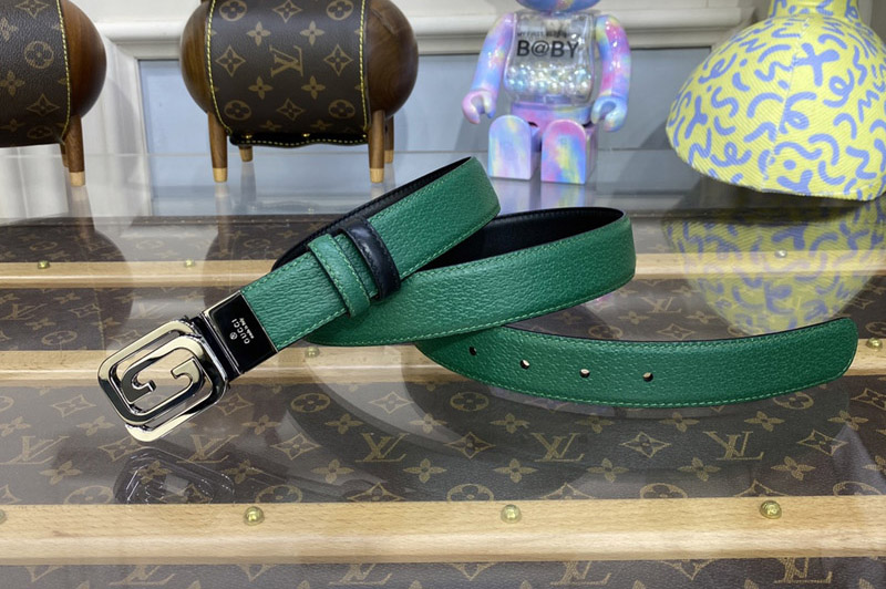 Gucci ‎715603 Reversible Belt With Squared interlocking in Black leather and green leather Silver Buckle