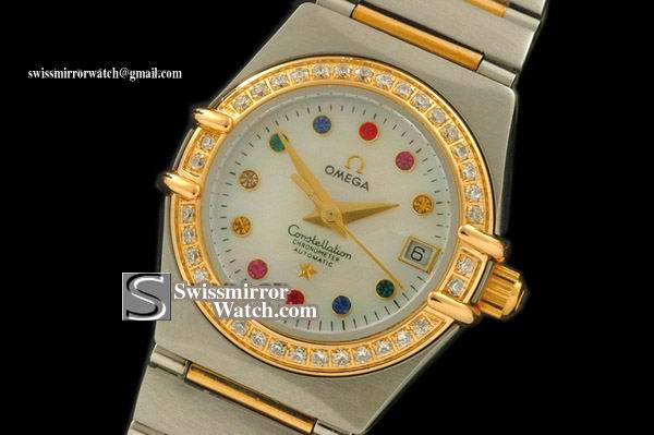 Omega 18K Wrapped TT Constellation Ladies MOP Wht Diam Bezel Replica Watches