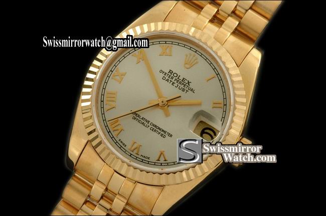 Midsize Rolex Datejust YG Jubilee Pearl White Roman Swiss Eta 2836-2 Replica Watches