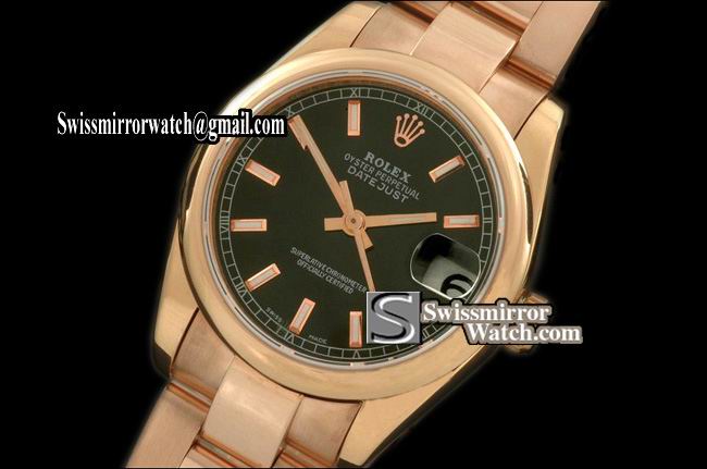 Midsize Rolex Datejust RG Oyster Black Sticks Swiss Eta 2836-2 Replica Watches