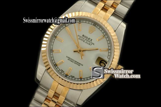 Midsize Rolex SS/YG Jubilee Pearl White Sticks Swiss Eta 2836-2 Replica Watches