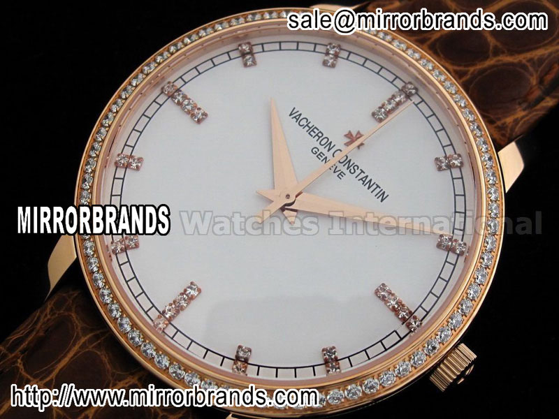 Luxury Vacheron Constantin Patrimony Contemporaine Date Rose Gold White Dial Diamond Bezel on Genuine Brown Croco Strap