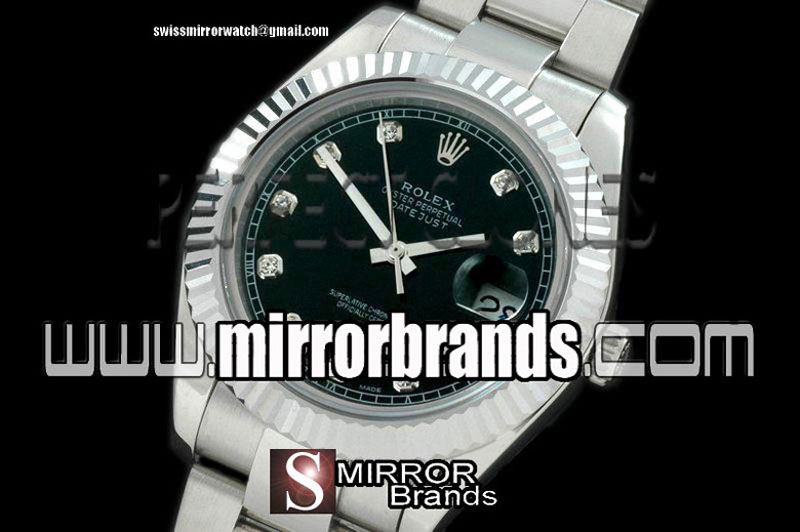 Luxury Rolex SS Oyster Fluted Black Diamond Asian Eta 2836-2 25J