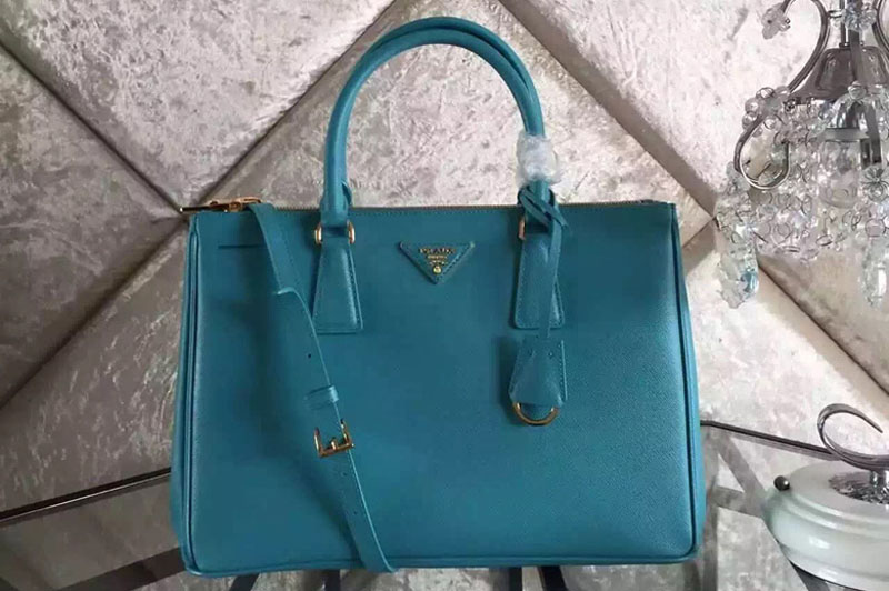 Prada BN2274 Saffiano Lux Double Zip Medium Tote Bags Blue
