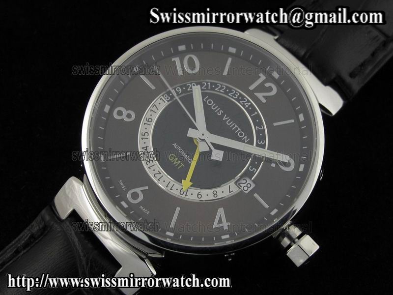 Louis vuitton Tambour GMT Men SS Brown Dial on Black Leather Strap Replica Watches