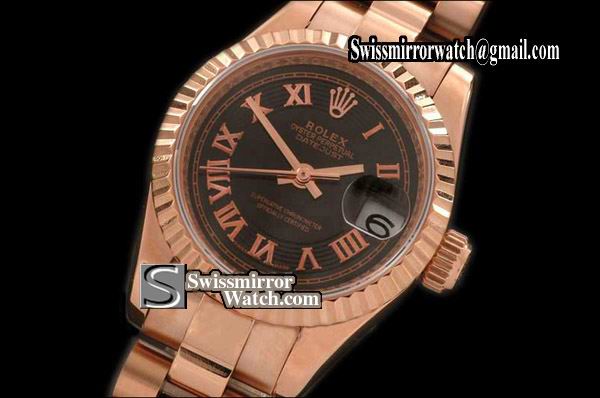 Ladeis Rolex Datejust RG Pres/Fluted Black/Roman Dial Swiss Eta 2671 Replica Watches
