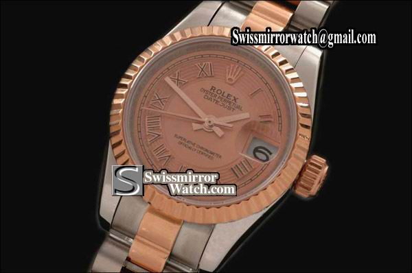 Ladeis Rolex Datejust SS/RG TT Pres/Fluted R-Gold/Roman Dial Swiss Eta 2671 Replica Watches
