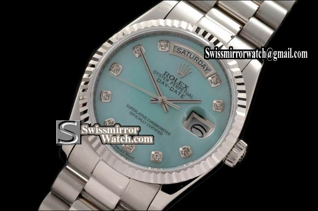 Rolex Day-Date SS President MOP Light Blue Diamonds Swiss Eta 2836-2 Replica Watches